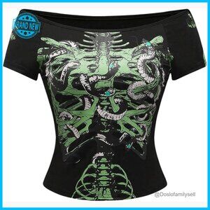 Off Shoulder Crop Top Goth Emo Y2K Graphic Tee Short Sleeve Fitted